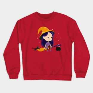 Kawaii Witch Flying in the moonlight With Her Black Cat and Cauldron Crewneck Sweatshirt